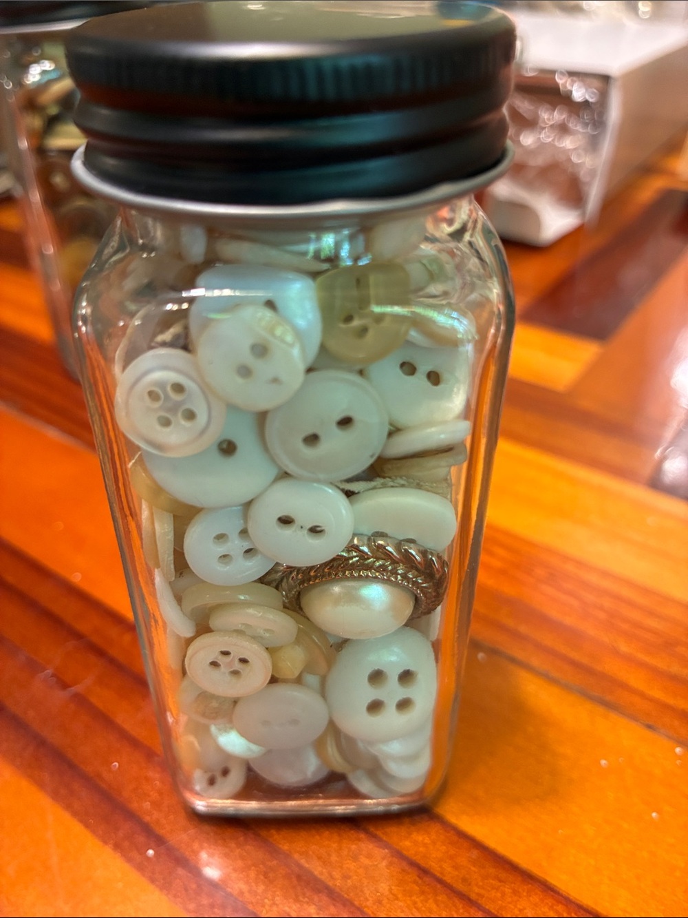 Glass Jar of Mixed Sewing Buttons Vintage white cream
